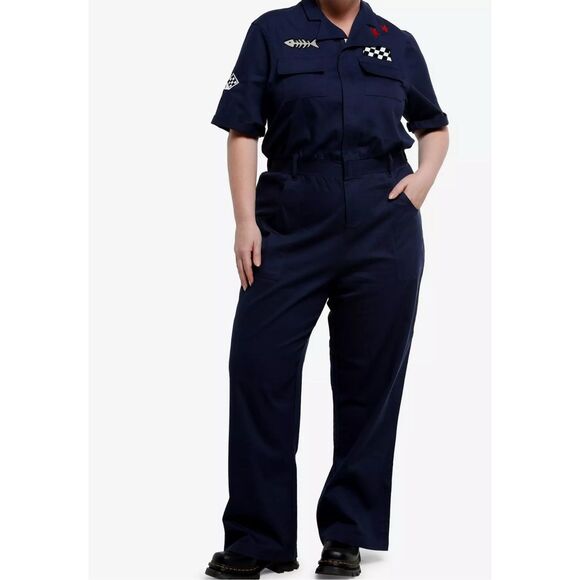 Hot Topic Social Collision Patches Navy Girls Jumpsuit Plus Size 1 Nwot - Picture 1 of 9